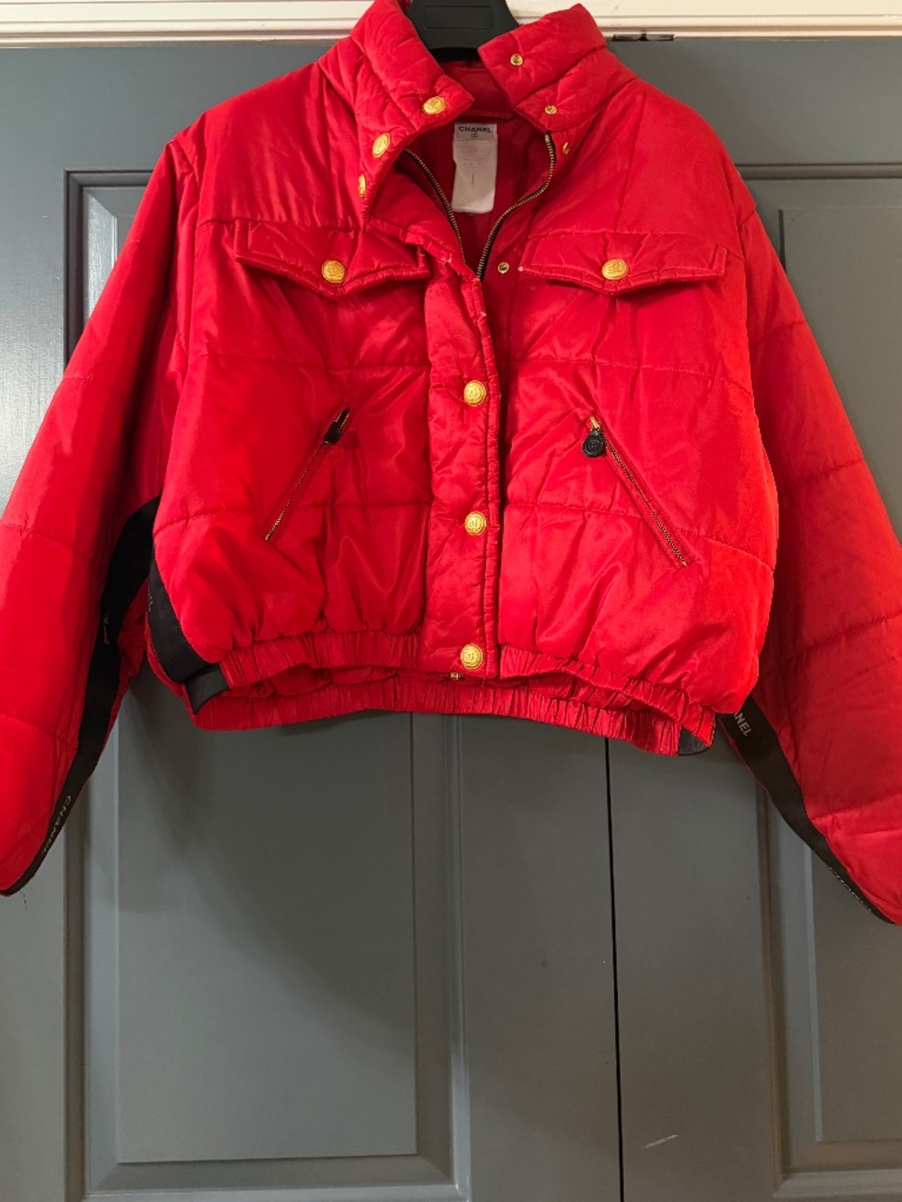Vintage Chanel Red Cropped Puffer Logo Gold Button Jacket